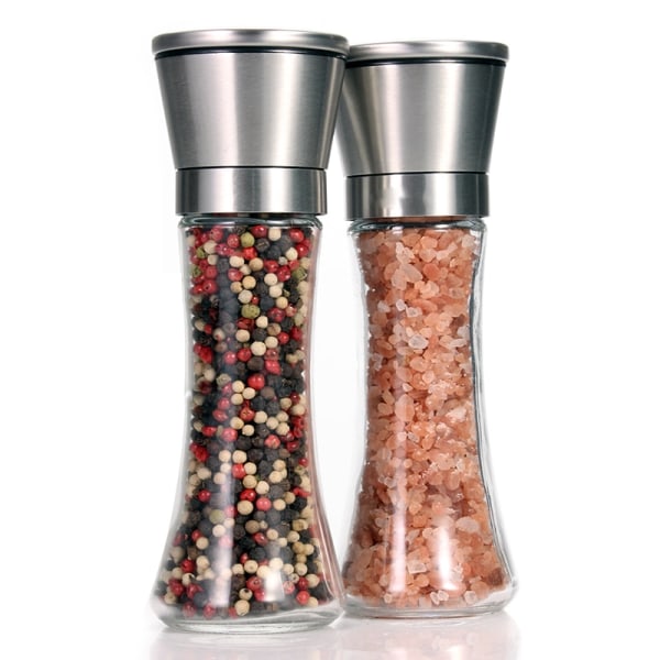 18/8 Brushed Stainless Steel Pepper Mill and Salt Mill, 6 Oz Glass Tall Body, 5 Grade Adjustable Ceramic Rotor 5in x 2