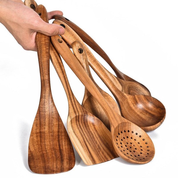 Thailand Teak Natural Wood Tableware Spoon Rice Colander Soup Skimmer Cooking Soup Spoons Scoop Kitchen Set Tool 1pcs  18cm