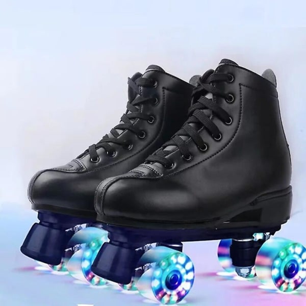 White Black Pu Leather Roller Skates Shoes Patins 2 Line Sliding Inline Quad Skating Sneakers Training 4 Wheels Size 34-45 Black wheel 1 35