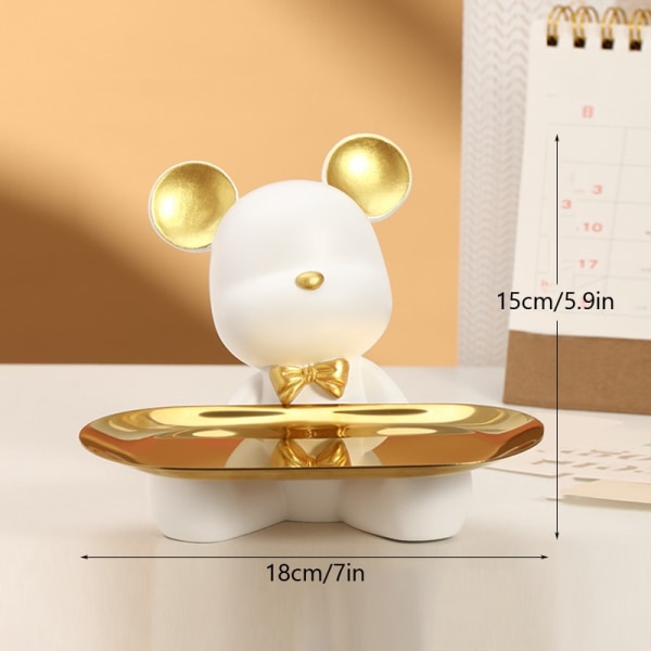 Nordic Resin Bear Tray Figurines Home Living Room Bedroom Key Storage Decor Ornament Candy Container Animal Statues 7013 White