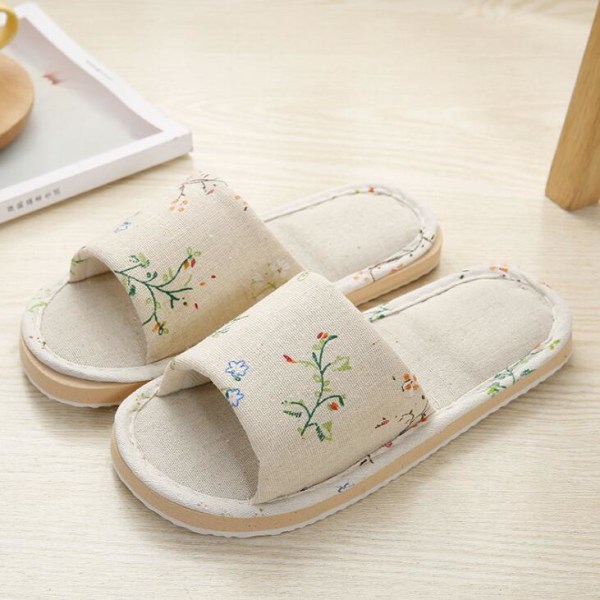 Floral Linen Home Slippers Soft Non-slip Foam Bottom Flip Flops Spring Autumn Indoor Couple Men Women Slides Casual Flat Shoes Olivine 39