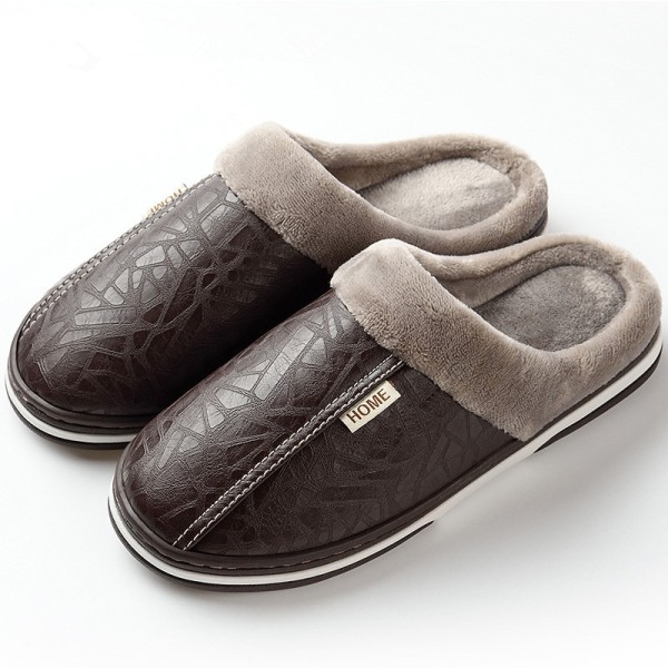 Men Slippers Indoor PU Leather Women House Waterproof Warm Home Fur Slipper Male Couple Shoes Fluffy Big Size Casual Slide Shoes Auburn 48-49 Suitable 47-48