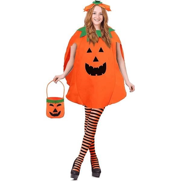 4 Pieces Halloween Pumpkin Costume For Adult,pumpkin Outfits Cosplay  With Pumpkins Hat, Pumpkin Bags And Thigh High Stockings