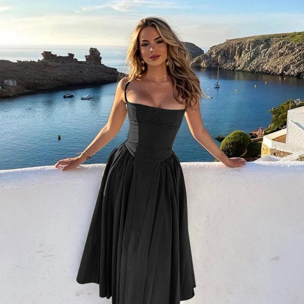 Sexy Evening Party Dress Women 2024 Summer Elegant Vintage Pleated Dresses Spaghetti Strap Backless Holiday Robe Femme CYAN L