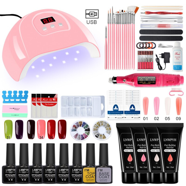 Poly Nail Gel Kit Professional Nail Set With 54/36/6W UV Lamp Acrylic Extension Gel Nail Polish All For Manicure Gel Tools Set Light grey