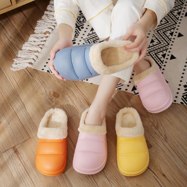 Winter Women Fur Slippers Waterproof Warm Plush Household Slides Indoor Home Thick Sole Footwear Non-Slip Solid Couple Sandals Beige 36-37