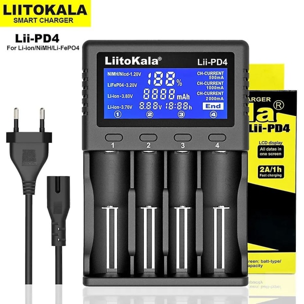 Lii-pd2 Lii-pd4 Battery Charger For 18650 26650 21700 18350 Aa Aaa 3.7v/3.2v/1.2v Lithium Nimh Batteries Lii-PD2 and AC Cable