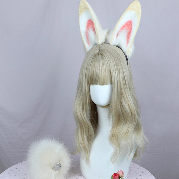 Stylish Rabbit Ears Headband And Tail Furry Halloween Cosplay For Women Girls Beige