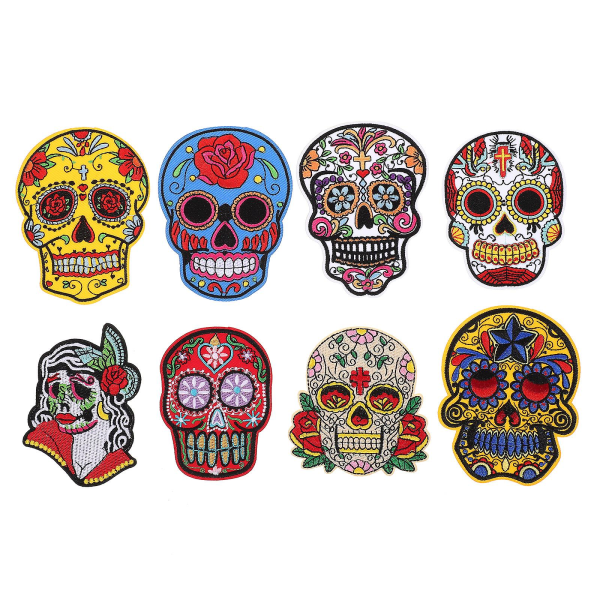 8 Pcs Fashion Backpack Halloween Embroidered Patch Skull Iron Patches Embroidery Skull Patches Craft Iron Patch Applique 10X7.8cm