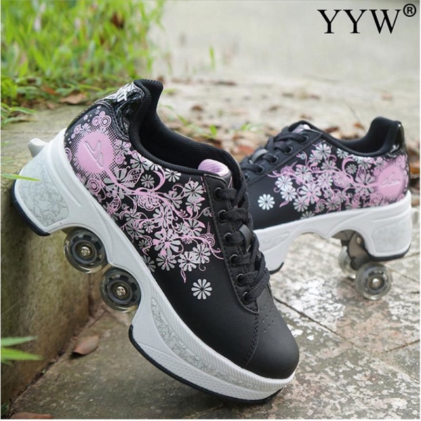 Casual Sneakers Walk Roller Skates Deform Runaway Four Wheel Skates for Adult Men Women Unisex Child Deform Wheel Parkour Shoes Pink 36