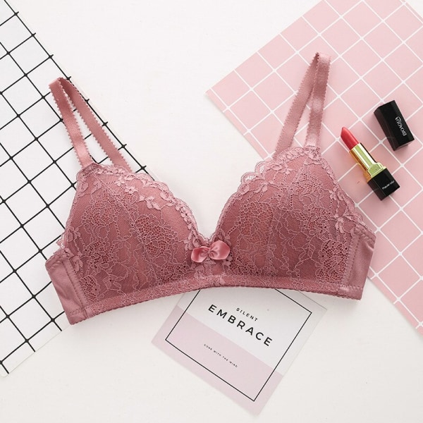 Sexy Sweet Lace Wireless Women‘s Bras Soft Underwear Gather Push Up Brassiere Hollow Out Female Seamless Bralette Big Lingerie Pink 75B