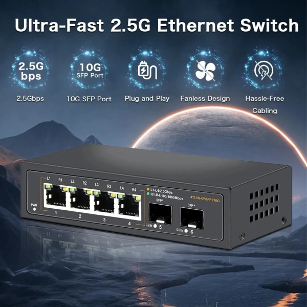 Unmanaged Ethernet Switch 2.5G with 4 X 2.5G Base-T Ports and 2 X 10G SFP Uplink Port, Compatible with 100/1000/2500Mbps K0402WS