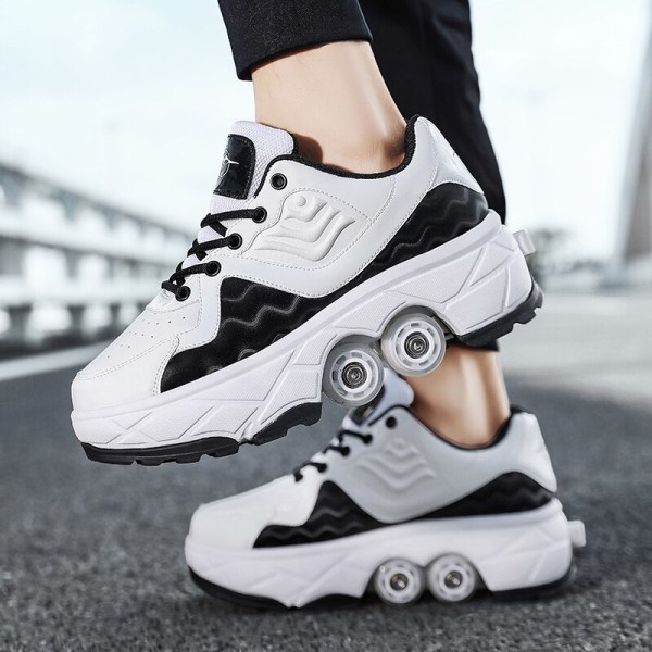 Women's Men's Deformation Parkour Shoes Four Wheels Rounds Of Running Shoes Casual Sneakers Deform Roller Shoes Skating Shoes Auburn 40 Foot length25cm