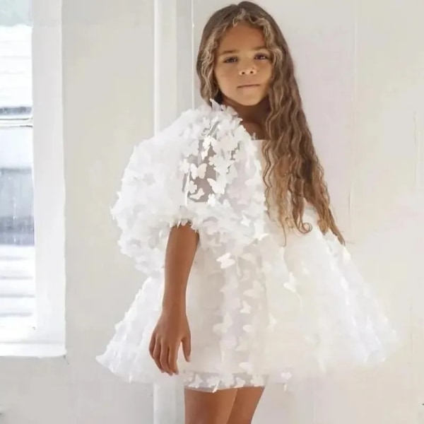 Fashion Baby Girl Dress Butterfly Puff Sleeve Child Tulle Princess Dress For Vestido Pageant Party Birthday A3743 Pink 2T(90cm)