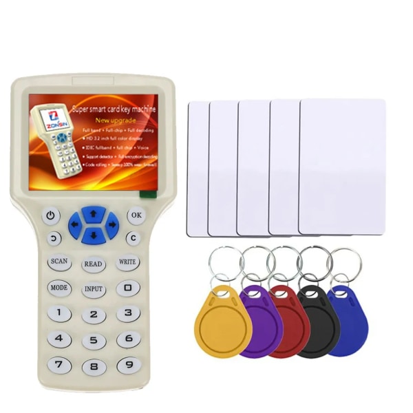 English 10 Frequency RFID Reader Writer Copier Duplicator IC/ID with USB Cable for 125Khz 13.56Mhz Cards LCD Screen 5CardUID 5KeyT57