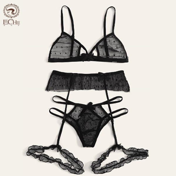 New Mesh Sexy Women Lingerie 3pcs Bra Set Hollow Out Brassiere Transparent Underwear Set Polka Dot S-2XL Bra&Briefs Set Black XXL