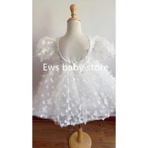 Fashion Baby Girl Dress Butterfly Puff Sleeve Child Tulle Princess Dress For Vestido Pageant Party Birthday A3743 WHITE 10T(140cm)