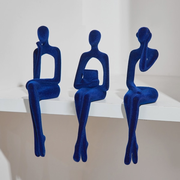 Nordic Home Decoration Accessories Resin Abstract Thinker Statue Bookshelf Sculpture Living Room Decoration Figurines for Indoor Blue Flocking Cloth