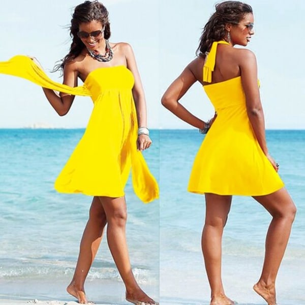 12 Solid Colors ulty Way Beaching Outfits Women Cover Ups Convertible Tunic Female Bandage Beachwear Swimsuit S..L.XL Yellow M