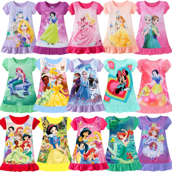 Mermaid Anna Elsa Dress Girls Nightdress Clothes Cartoon Pajamas Children's Clothing ShortSleeve Pajamas Dress Kids Family Wear Beige 2T-3T(S)