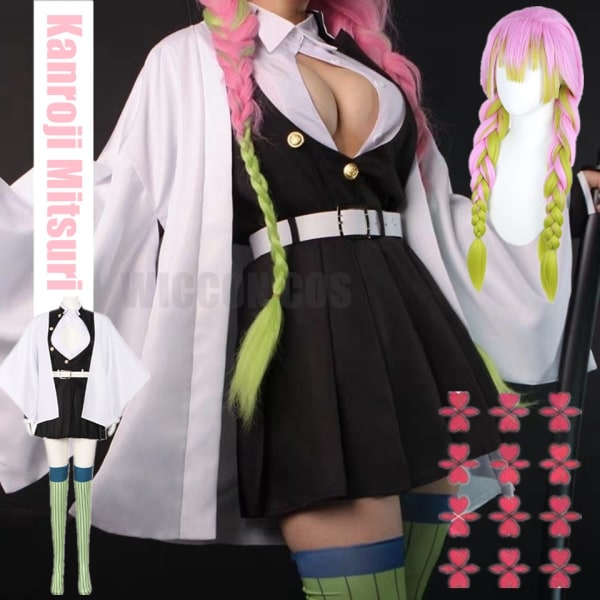 Anime  Kimetsu No Yaiba Kimono Kanroji Mitsuri Cosplay Costume Kisatsutai Sexy Clothes Women Halloween Costume wig Auburn XXL