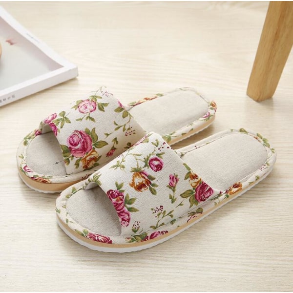 Floral Linen Home Slippers Soft Non-slip Foam Bottom Flip Flops Spring Autumn Indoor Couple Men Women Slides Casual Flat Shoes Beige 40