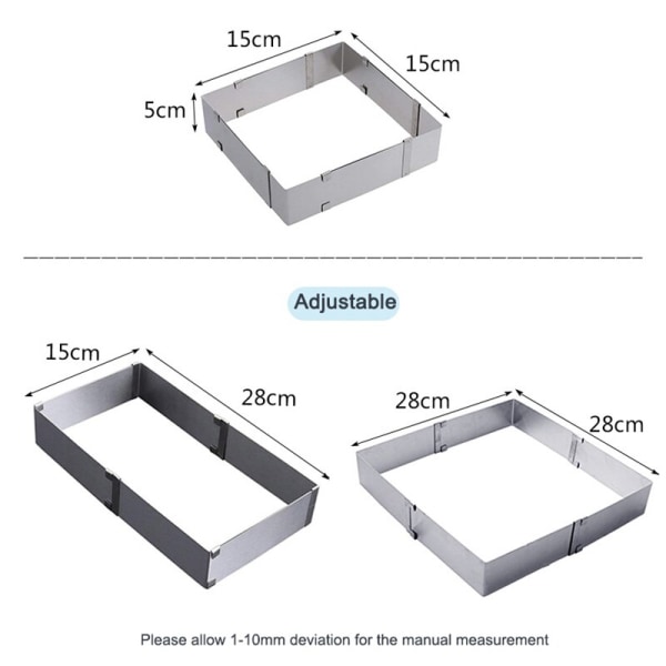 Round and Square Adjustable Mousse Ring Set Stainless Steel Cake Baking Mold Birthday Wedding Cake Decorating Bakeware Tools 15-28CM Square