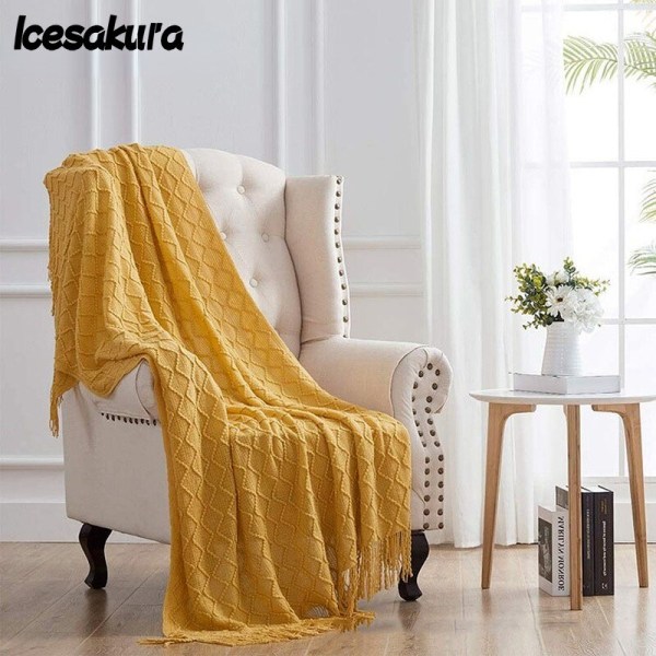 Hot-selling Nordic Minimalist Knitted Blankets Living Room Sofas Air Conditioning Blankets Soft Tassel Blankets Bed End Blankets Peacock blue 127X170 With tassels