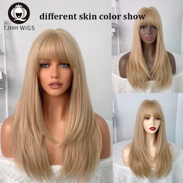 Cheap long blonde store wigs with bangs