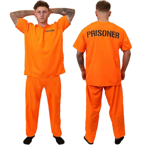 Adult Inmate Costume Orange Prisoner Jumpsuit Jailbird Outfit For Halloween Orange Prisoner Costume Men Jail Jumpsuit Costume Kids M(120-130cm)