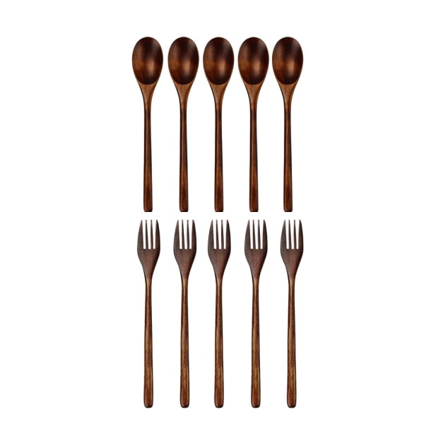 10 Pieces Wooden Spoon Soup Spoon and Fork Eco Friendly Products Tableware Natural Ellipse Ladle Spoon Set Spoons for Cooking 5PCS Spoon and  Fork