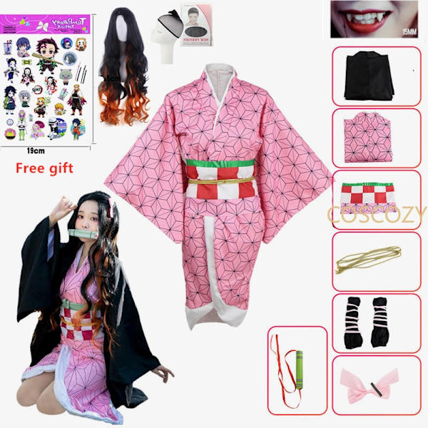 Anime Demon Slayer  Cosplay Costume Kimono Kimetsu No Yaiba Kamado  Costume Wig Womens Girls Kimono Uniform Clothes Beige 150cm
