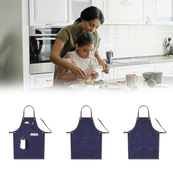 Blue Denim Chef Apron For Men Professional For Barbeque Cooking, Water Resistant With Tool Pockets, Towel Loops &amp; Quick Release Hardware Buckle