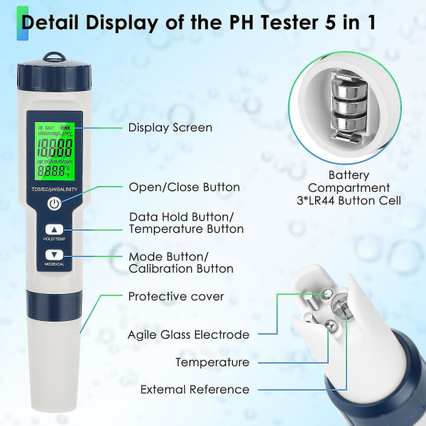 5 In 1 Ph Meter For Water, Ph/tds/ec/temp/salt Meter, Salt Tester For Saltwater Pool, 0.01 Resolution High Accuracy Digital Ph Tester