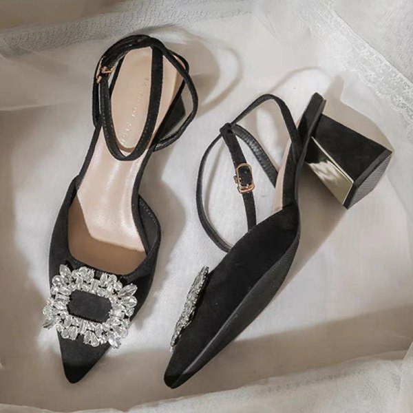 Ankle Strap Crystal Sandals for Women Pointed Toe High Heels Sandalias De Mujer Shiny Rhinestones Square Heeled Pumps Dark Grey 40