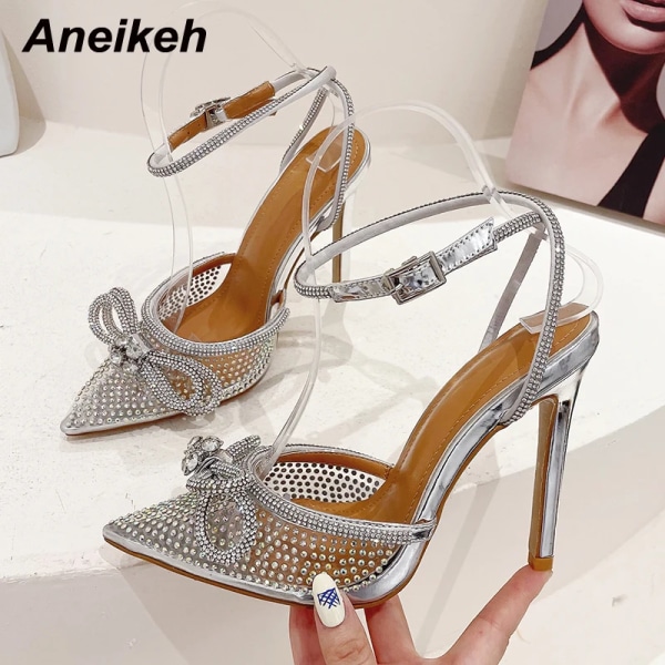 Fashion Transparent PVC Women Pumps Sexy Butterfly-knot CRYSTAL High Heels Pointed Toe Wedding Prom Sandals Spring Shoes Silver 41