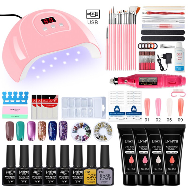 Poly Nail Gel Kit Professional Nail Set With 54/36/6W UV Lamp Acrylic Extension Gel Nail Polish All For Manicure Gel Tools Set Rose