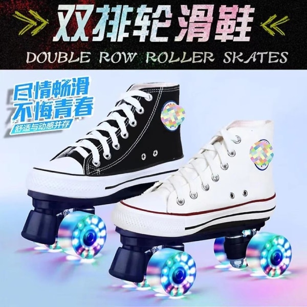 Canvas Double Row Roller Skates Shoes Patines With Four-wheel Quad Inline Training Sneakers Unisex Black Wheel 3 42