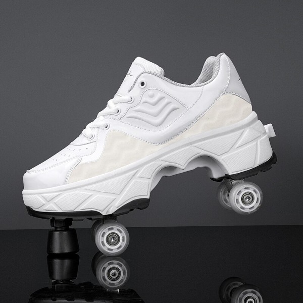 Women's Men's Deformation Parkour Shoes Four Wheels Rounds Of Running Shoes Casual Sneakers Deform Roller Shoes Skating Shoes Gold 35 Foot length22.5cm