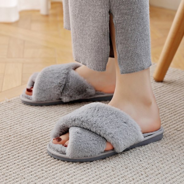 Winter Women House Slippers Faux Fur Warm Flat Shoes Female Slip on Home Furry Ladies Slides Plus Size Wholesale White 42-43