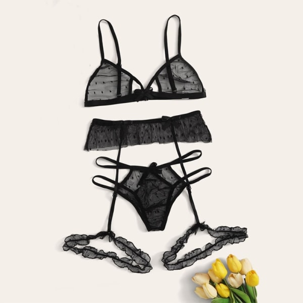 New Mesh Sexy Women Lingerie 3pcs Bra Set Hollow Out Brassiere Transparent Underwear Set Polka Dot S-2XL Bra&Briefs Set Black XXL