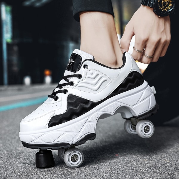 Women's Men's Deformation Parkour Shoes Four Wheels Rounds Of Running Shoes Casual Sneakers Deform Roller Shoes Skating Shoes Blue 42 Foot length26cm