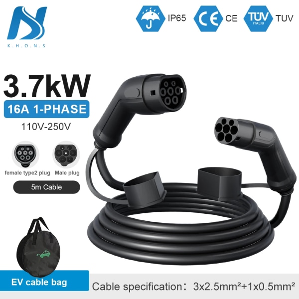 Khons Type2 To Type2 Ev Charging Cable 3Phase 32A Female To Male Plug 5M Cable 11KW 22kw IEC62196-2 EVES Charging Stations 3.7KW 16A 1Phase