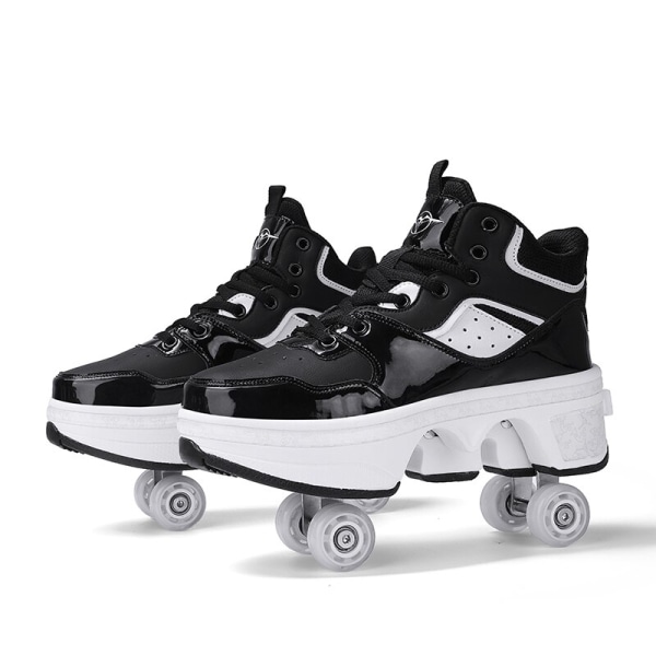 Unisex Youth Deformation Skating Shoes Four Wheels Rounds Of Roller Skate Shoes Casual Sneakers Deform Roller Shoes Blue 38 Foot length24cm