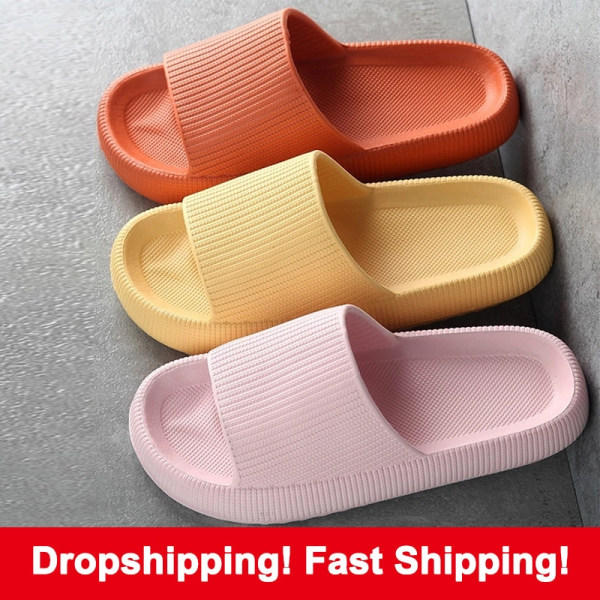 Home Slippers Thick Platform Bathroom Cloud Slippers Non-slip Flip Flops Woman Sandals Women Fashion Soft Sole EVA Indoor Slides Beige 36-37