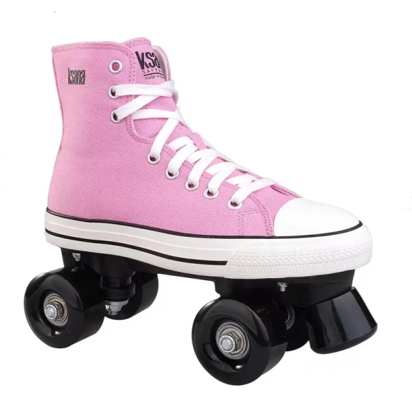 Adult Double-row Canvas Roller Skates Flash Four-wheel Sneakers High-top Breathable Unisex Skateboard Quad Skating Shoes Pink 39