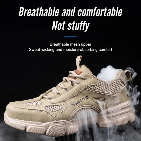 Work Shoes Hollow Breathable Steel Toe Boots Lightweight Safety Work Shoes Anti-slippery For Men Women Male Work Sneaker Beige 38