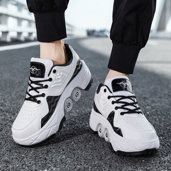 Women's Men's Deformation Parkour Shoes Four Wheels Rounds Of Running Shoes Casual Sneakers Deform Roller Shoes Skating Shoes Dark Grey 43 Foot length26.5cm