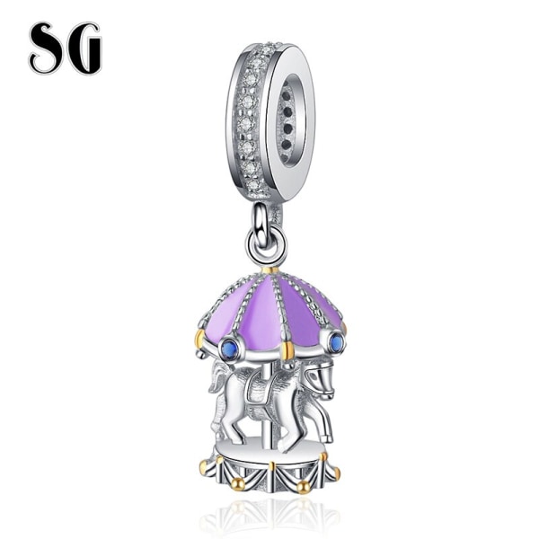 Hot New 100% 925 Sterling Silver Cute Purple Carousel Beads Merry-go-round Charm Fit Europe Bracelet for Women Gift JF9526-P