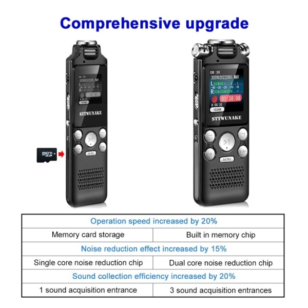Voice Recorder Recording Activated Audio Sound Digital Professional Dictaphone USB PCM 1536Kbps As Shown